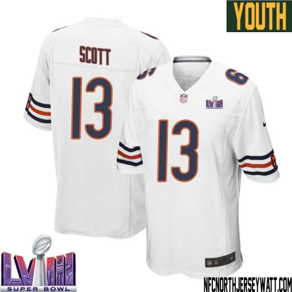 Tyler Scott No 13 Chicago Bears Super Bowl Lviii Away Game Jersey White For Youth – Replica