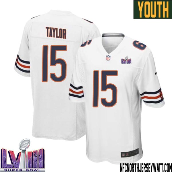 Trent Taylor No 15 Chicago Bears Super Bowl LVIII Away Game Jersey White for Youth – Replica