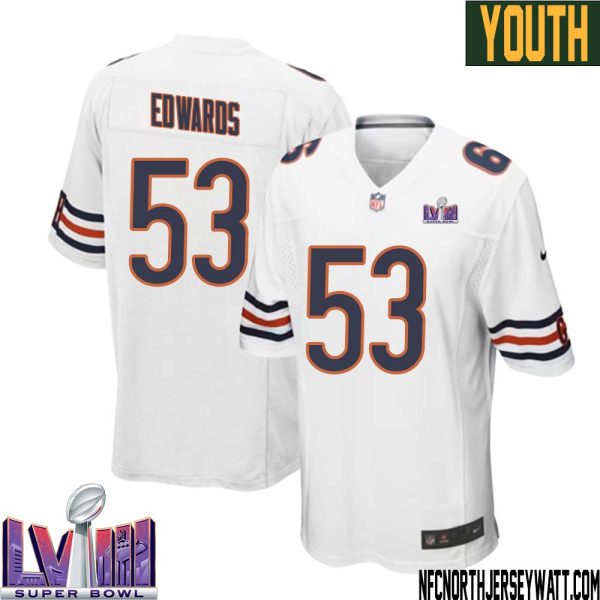 T.j. Edwards No 53 Chicago Bears Super Bowl Lviii Away Game Jersey White For Youth – Replica