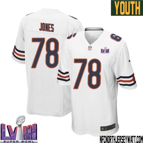 Stan Jones No 78 Chicago Bears Super Bowl LVIII Away Game Jersey White for Youth – Replica