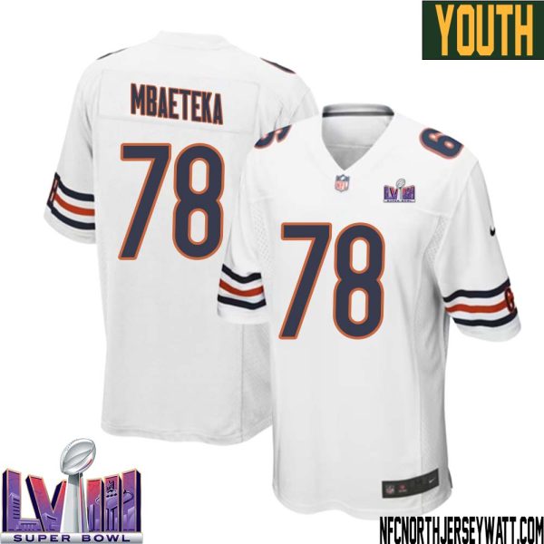 Roy Mbaeteka No 78 Chicago Bears Super Bowl LVIII Away Game Jersey White for Youth – Replica