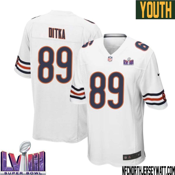 Mike Ditka No 89 Chicago Bears Super Bowl LVIII Away Game Jersey White for Youth – Replica