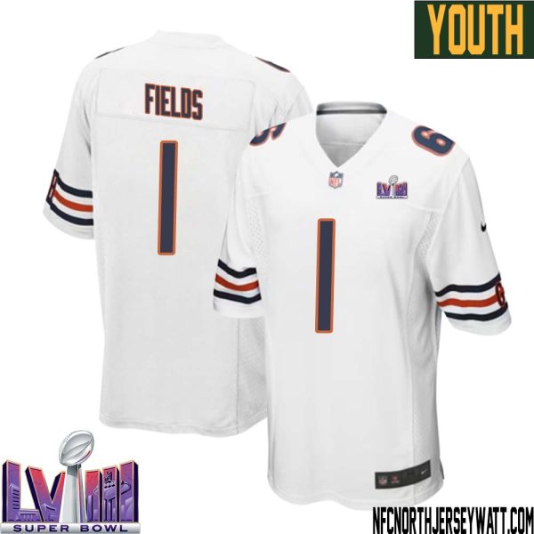 Justin Fields No 1 Chicago Bears Super Bowl LVIII Away Game Jersey White for Youth – Replica