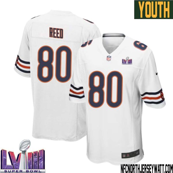 Joe Reed No 80 Chicago Bears Super Bowl Lviii Away Game Jersey White For Youth – Replica