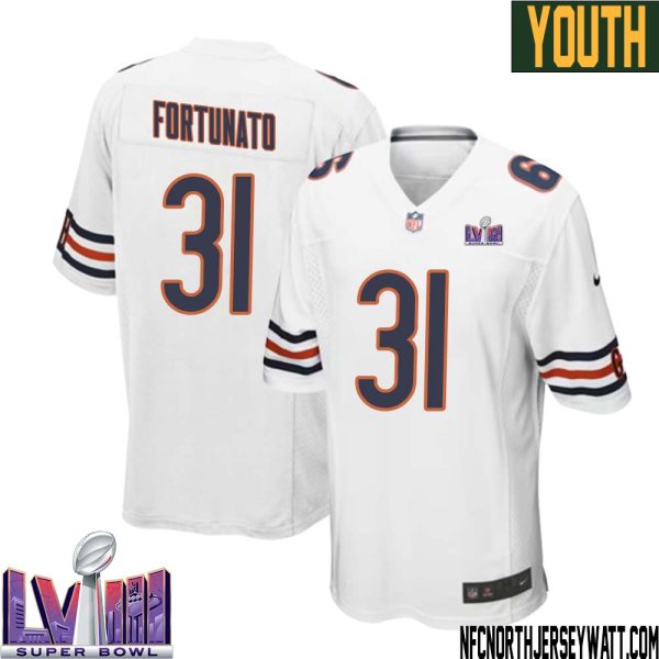 Joe Fortunato No 31 Chicago Bears Super Bowl LVIII Away Game Jersey White for Youth – Replica