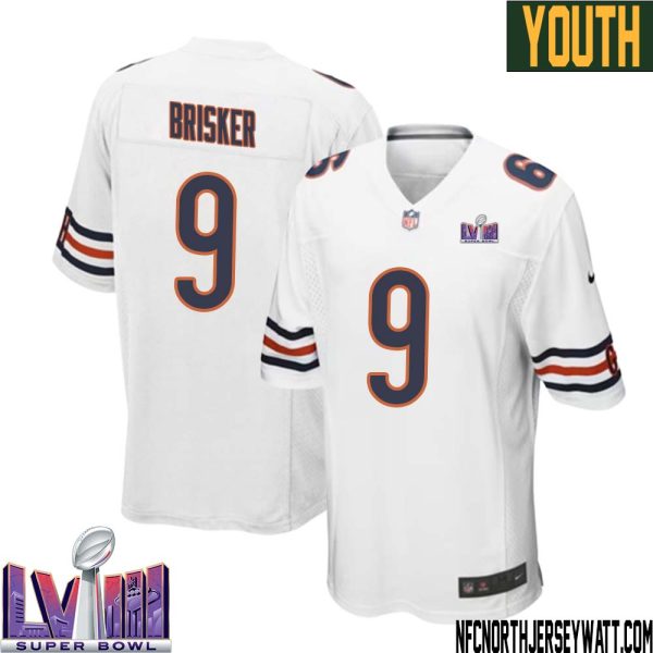 Jaquan Brisker No 9 Chicago Bears Super Bowl Lviii Away Game Jersey White For Youth – Replica
