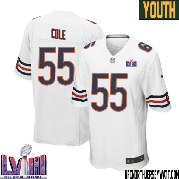 Dylan Cole No 55 Chicago Bears Super Bowl Lviii Away Game Jersey White For Youth – Replica