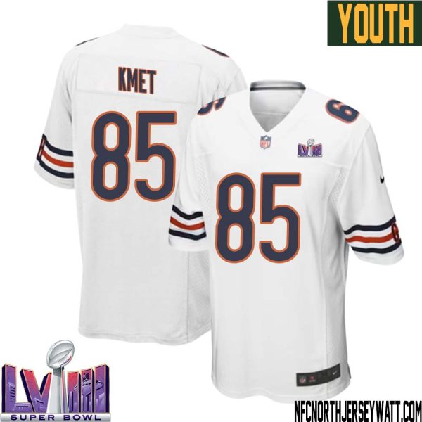 Cole Kmet No 85 Chicago Bears Super Bowl Lviii Away Game Jersey White For Youth – Replica