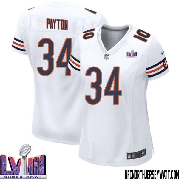 Walter Payton No 34 Chicago Bears Super Bowl Lviii Away Game Jersey White For Women – Replica
