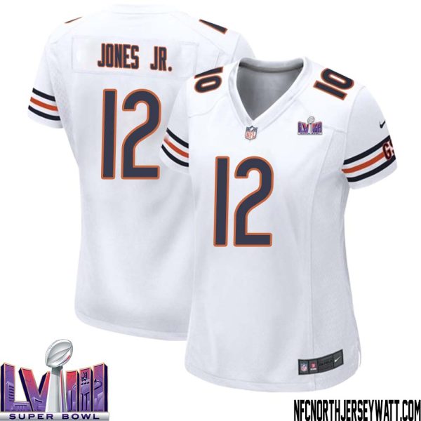 Velus Jones Jr. No 12 Chicago Bears Super Bowl Lviii Away Game Jersey White For Women – Replica