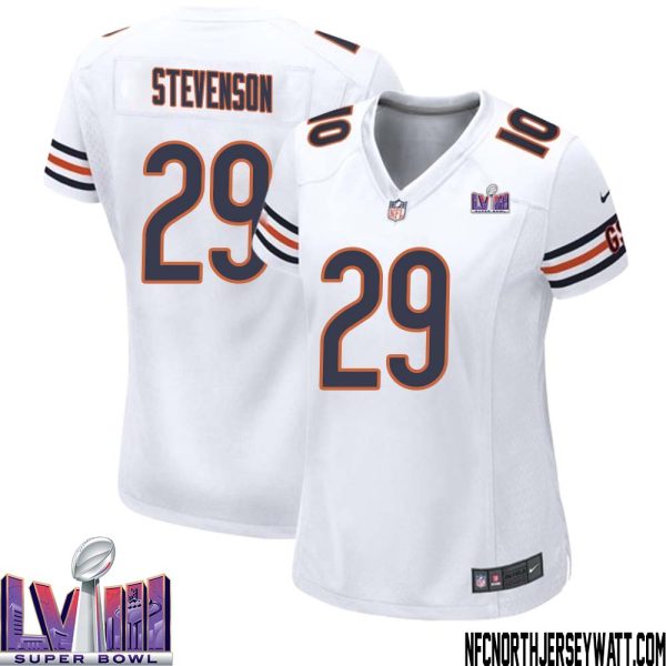 Tyrique Stevenson No 29 Chicago Bears Super Bowl LVIII Away Game Jersey White for Women – Replica