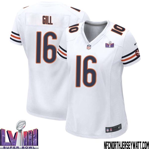 Trenton Gill No 16 Chicago Bears Super Bowl Lviii Away Game Jersey White For Women – Replica