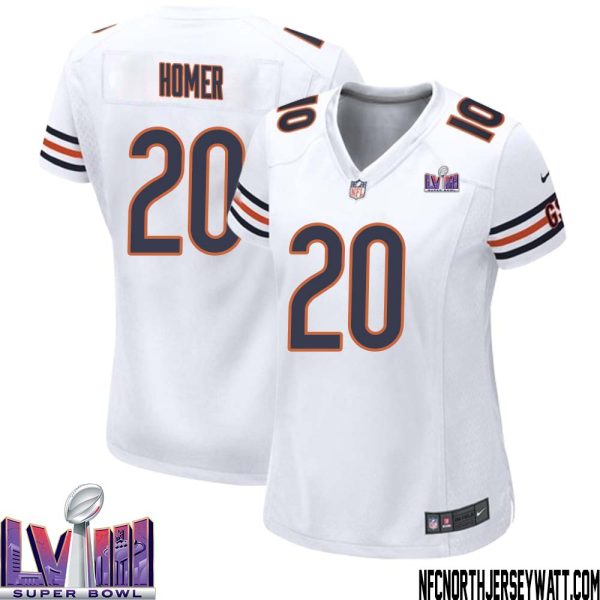 Travis Homer No 20 Chicago Bears Super Bowl LVIII Away Game Jersey White for Women – Replica