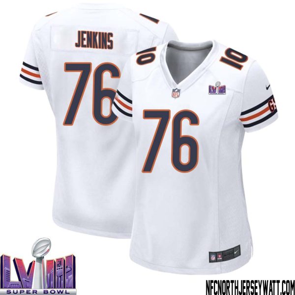 Teven Jenkins No 76 Chicago Bears Super Bowl LVIII Away Game Jersey White for Women – Replica