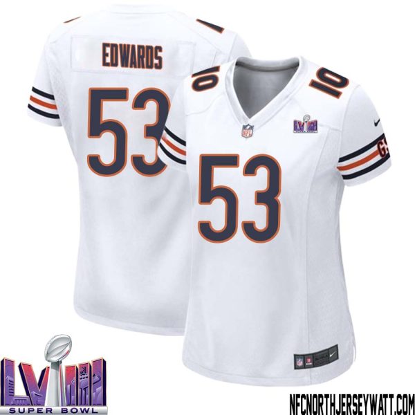T.j. Edwards No 53 Chicago Bears Super Bowl Lviii Away Game Jersey White For Women – Replica