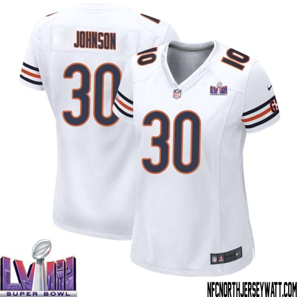 Roschon Johnson No 30 Chicago Bears Super Bowl Lviii Away Game Jersey White For Women – Replica