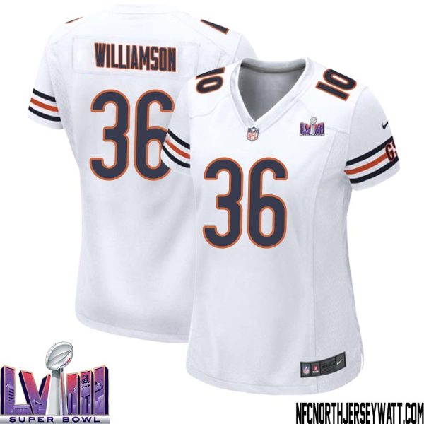 Kendall Williamson No 36 Chicago Bears Super Bowl LVIII Away Game Jersey White for Women – Replica