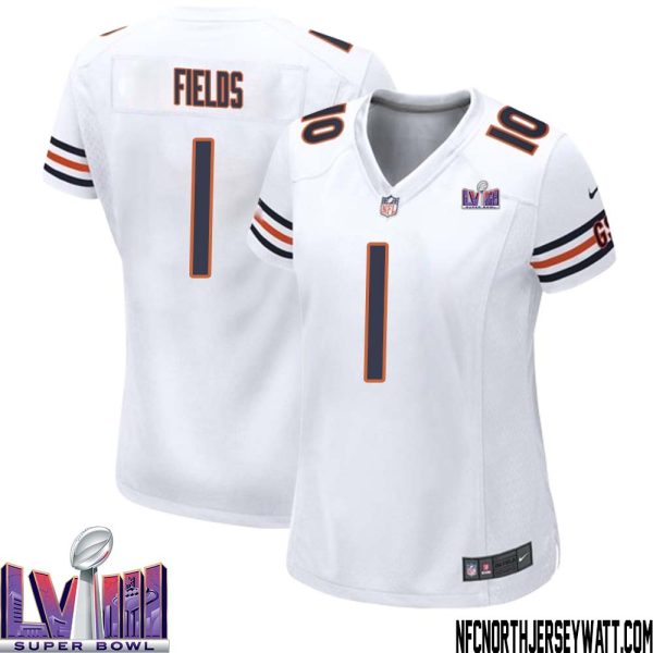 Justin Fields No 1 Chicago Bears Super Bowl LVIII Away Game Jersey White for Women – Replica