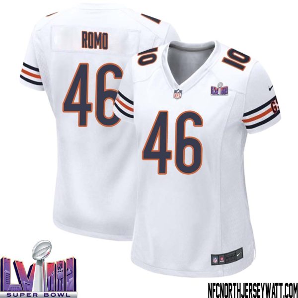 John Parker Romo No 46 Chicago Bears Super Bowl LVIII Away Game Jersey White for Women – Replica