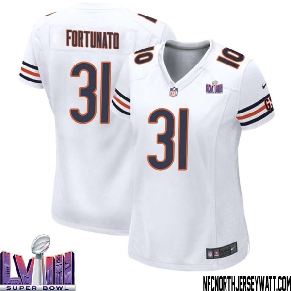 Joe Fortunato No 31 Chicago Bears Super Bowl Lviii Away Game Jersey White For Women – Replica