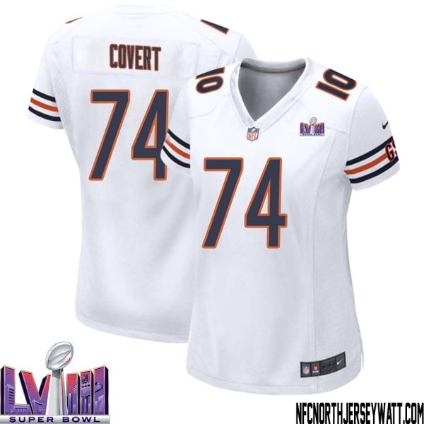 Jim Covert No 74 Chicago Bears Super Bowl Lviii Away Game Jersey White For Women – Replica
