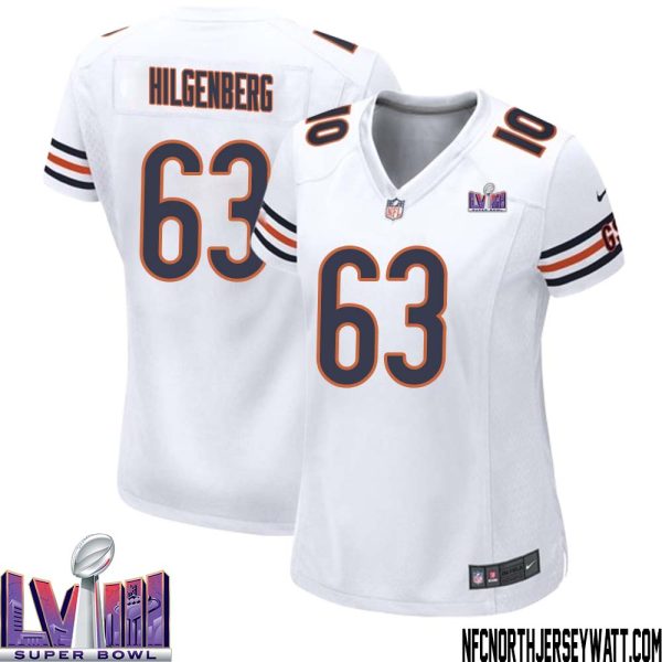 Jay Hilgenberg No 63 Chicago Bears Super Bowl LVIII Away Game Jersey White for Women – Replica