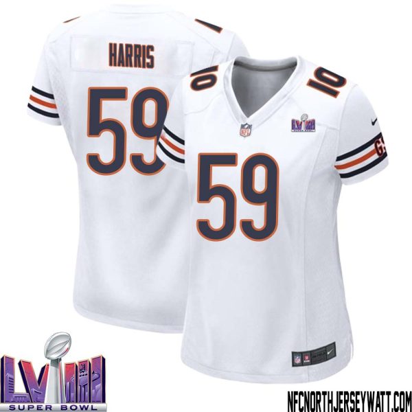 Jalen Harris No 59 Chicago Bears Super Bowl Lviii Away Game Jersey White For Women – Replica
