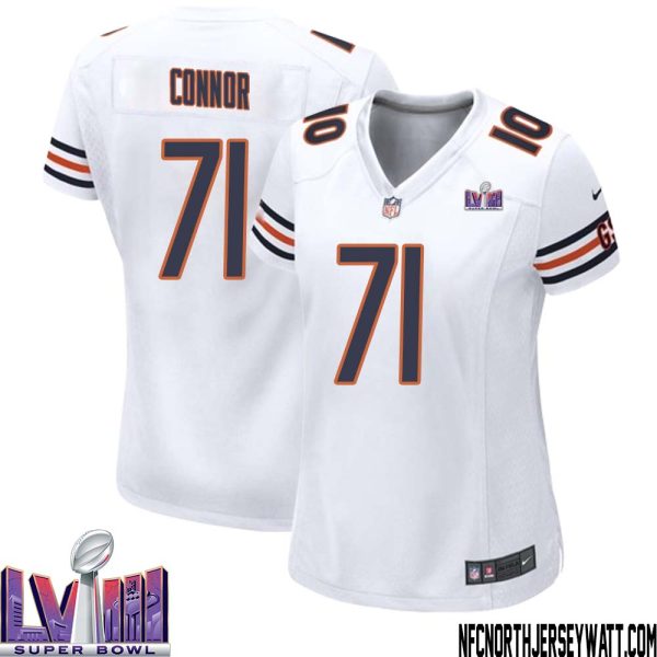 George Connor No 71 Chicago Bears Super Bowl Lviii Away Game Jersey White For Women – Replica