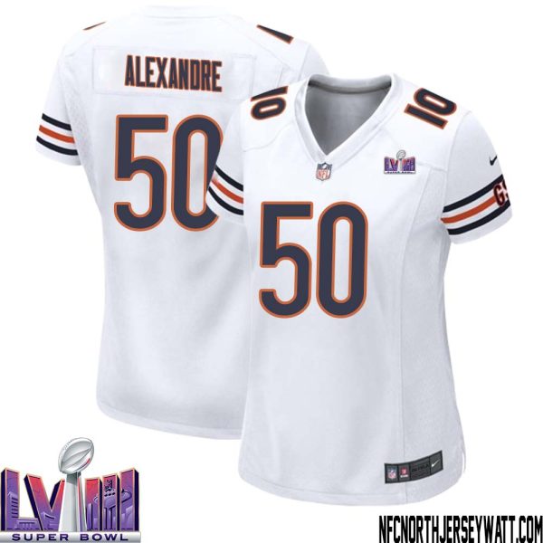 Deslin Alexandre No 50 Chicago Bears Super Bowl Lviii Away Game Jersey White For Women – Replica