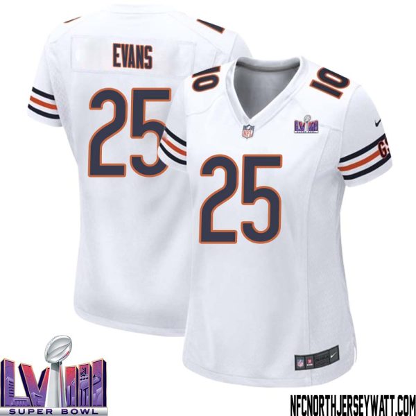 Darrynton Evans No 25 Chicago Bears Super Bowl Lviii Away Game Jersey White For Women – Replica