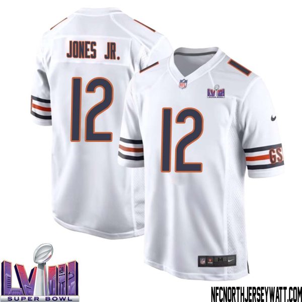 Velus Jones Jr. No 12 Chicago Bears Super Bowl LVIII Away Game Jersey White for Men – Replica