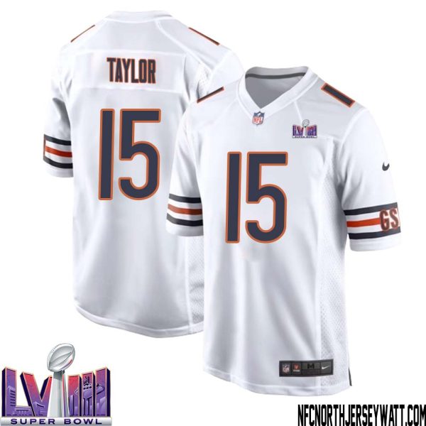 Trent Taylor No 15 Chicago Bears Super Bowl LVIII Away Game Jersey White for Men – Replica