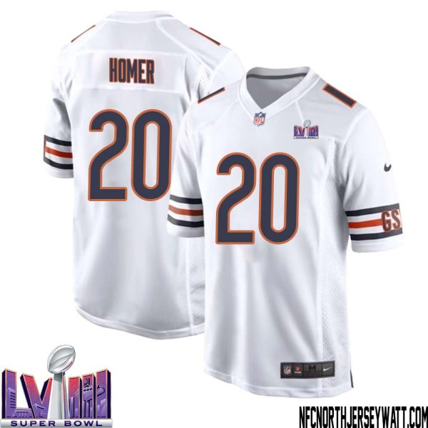 Travis Homer No 20 Chicago Bears Super Bowl Lviii Away Game Jersey White For Men – Replica