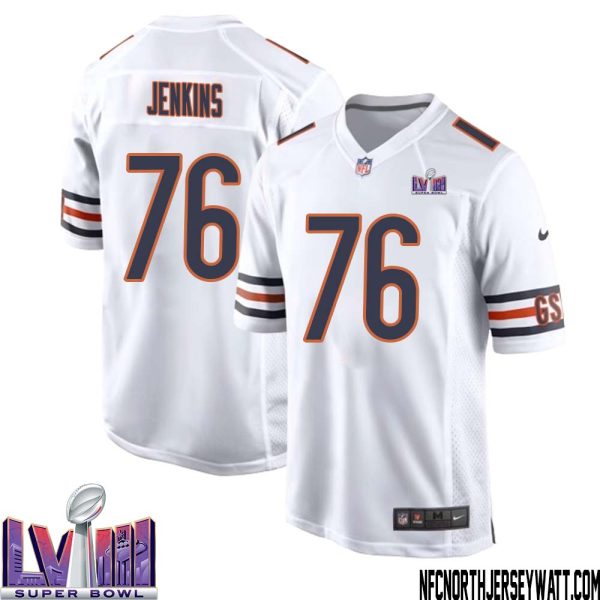 Teven Jenkins No 76 Chicago Bears Super Bowl LVIII Away Game Jersey White for Men – Replica