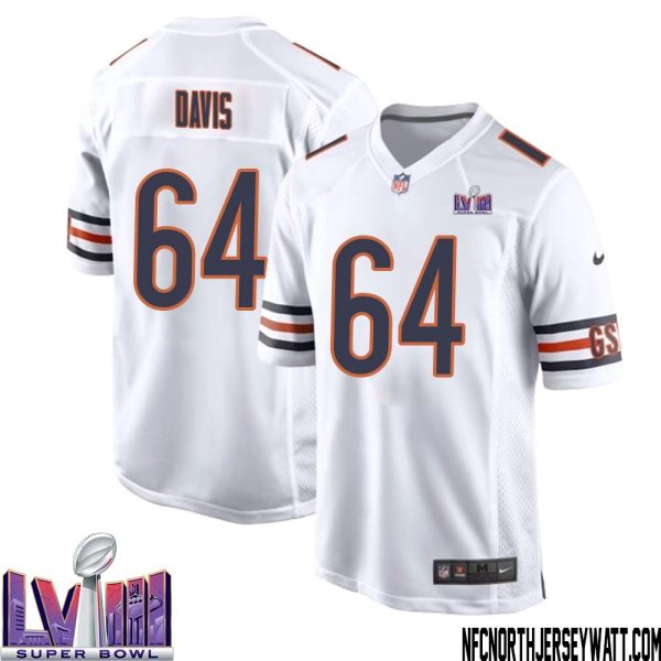 Nate Davis No 64 Chicago Bears Super Bowl Lviii Away Game Jersey White For Men – Replica