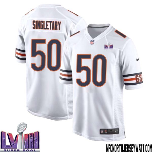 Mike Singletary No 50 Chicago Bears Super Bowl Lviii Away Game Jersey White For Men – Replica