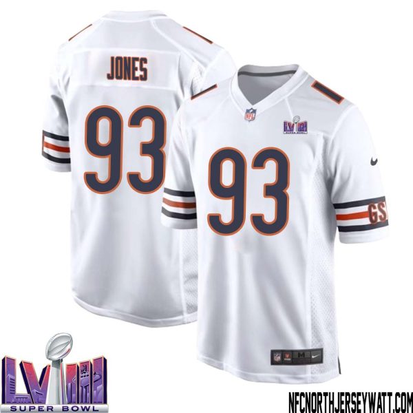Justin Jones No 93 Chicago Bears Super Bowl Lviii Away Game Jersey White For Men – Replica