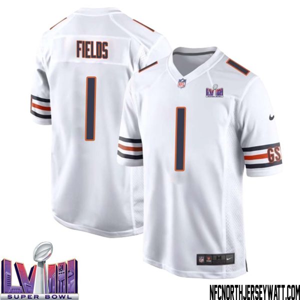Justin Fields No 1 Chicago Bears Super Bowl Lviii Away Game Jersey White For Men – Replica