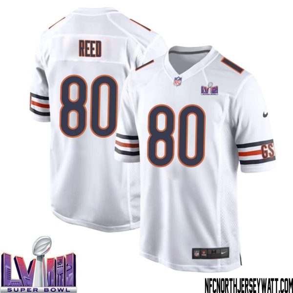 Joe Reed No 80 Chicago Bears Super Bowl Lviii Away Game Jersey White For Men – Replica