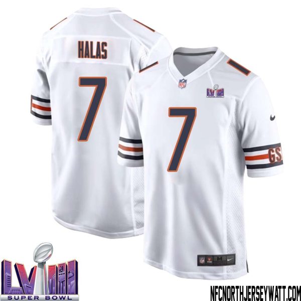 George Halas No 7 Chicago Bears Super Bowl Lviii Away Game Jersey White For Men – Replica