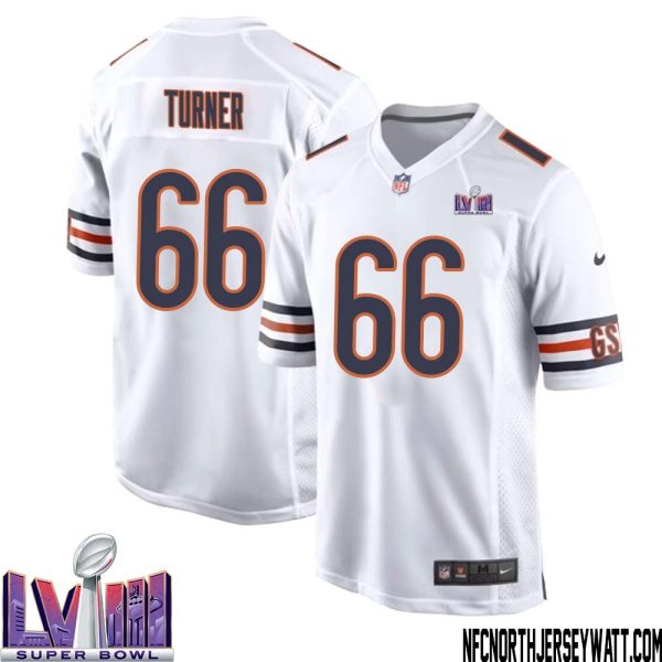 Bulldog Turner No 66 Chicago Bears Super Bowl LVIII Away Game Jersey White for Men – Replica