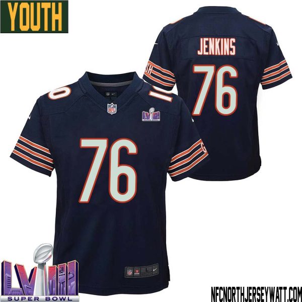 Teven Jenkins No 76 Chicago Bears Super Bowl Lviii Home Game Jersey Navy For Youth – Replica