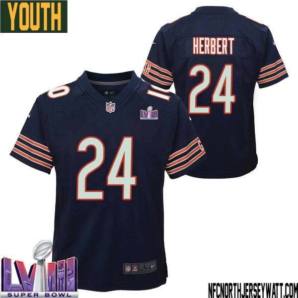 Khalil Herbert No 24 Chicago Bears Super Bowl Lviii Home Game Jersey Navy For Youth – Replica