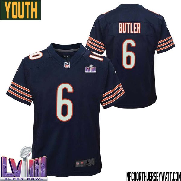 Kevin Butler No 6 Chicago Bears Super Bowl Lviii Home Game Jersey Navy For Youth – Replica