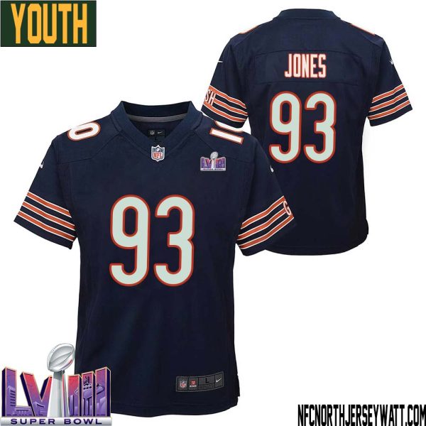 Justin Jones No 93 Chicago Bears Super Bowl Lviii Home Game Jersey Navy For Youth – Replica
