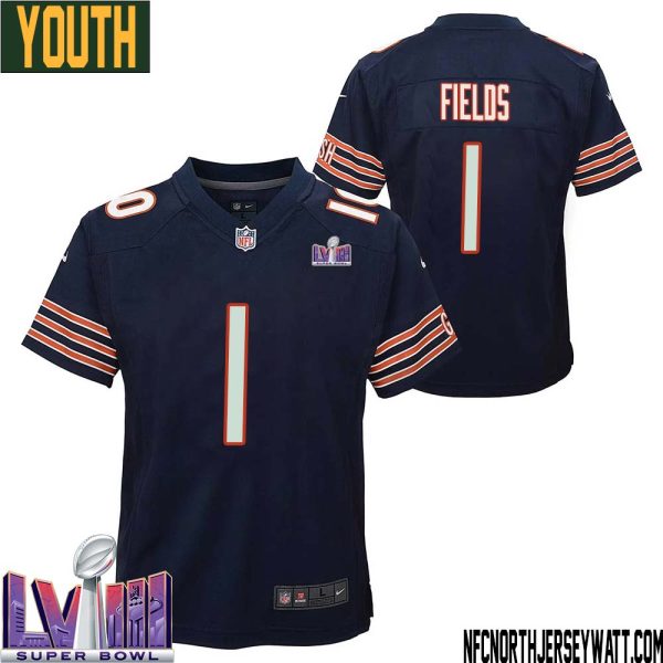 Justin Fields No 1 Chicago Bears Super Bowl Lviii Home Game Jersey Navy For Youth – Replica