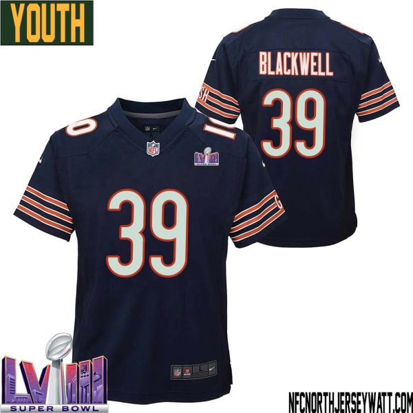 Josh Blackwell No 39 Chicago Bears Super Bowl Lviii Home Game Jersey Navy For Youth – Replica
