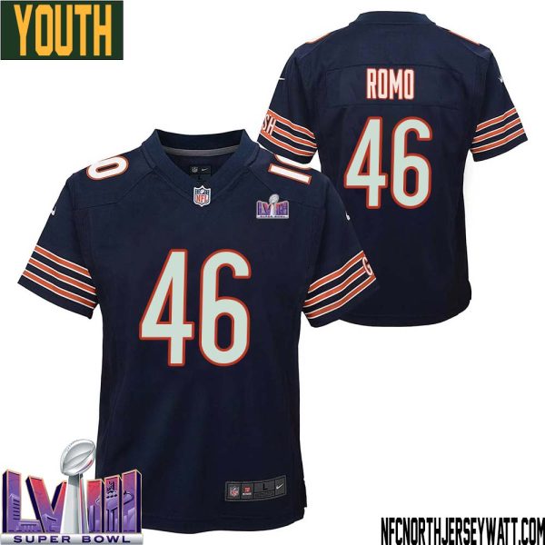John Parker Romo No 46 Chicago Bears Super Bowl Lviii Home Game Jersey Navy For Youth – Replica