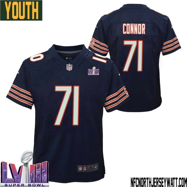 George Connor No 71 Chicago Bears Super Bowl Lviii Home Game Jersey Navy For Youth – Replica