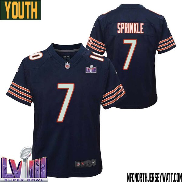 Ed Sprinkle No 7 Chicago Bears Super Bowl Lviii Home Game Jersey Navy For Youth – Replica